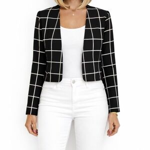 Black White Grid Cropped Blazer Jacket Modern Career Chic